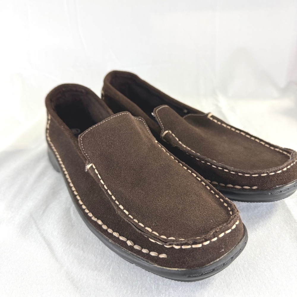Faded Glory Bonnie Brown Suede Loafers Contrast Stitch Moc Toe Slip On Shoes 8M